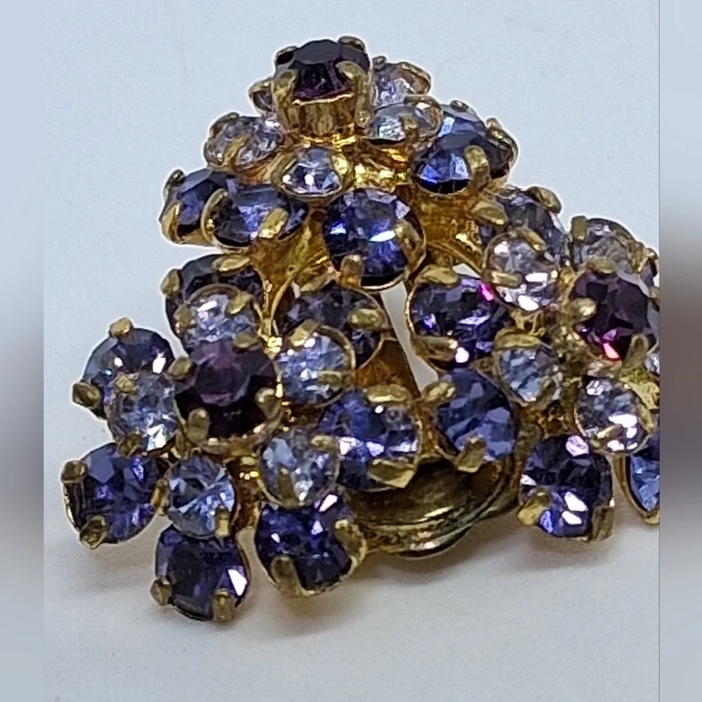 * Vintage Purple Austrian Crystal Flower Cluster Clip On Earrings